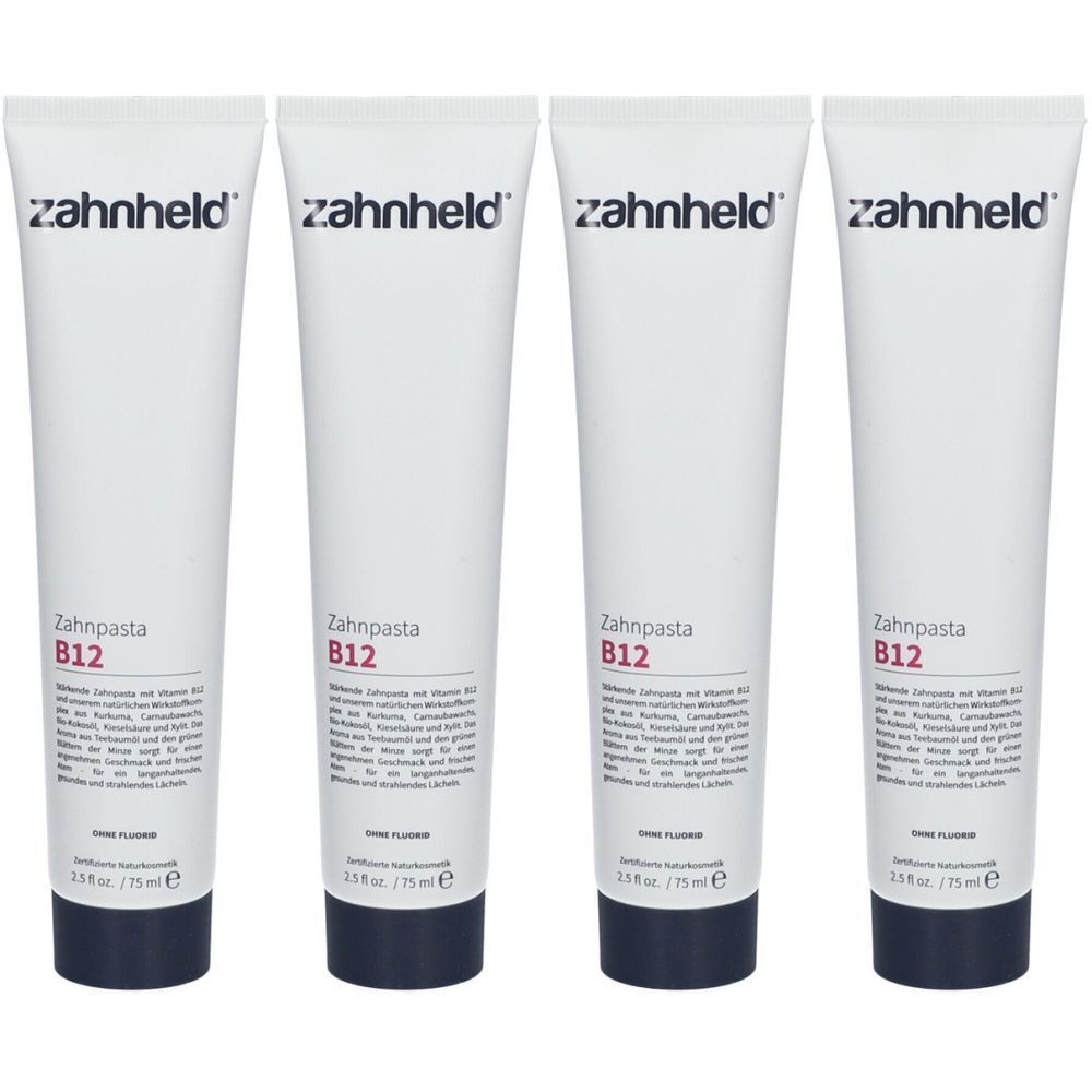 Quatre tubes de dentifrice blancs avec base bleu foncé. Inscription : Zahnheld, Zahnpasta B12. 75 ml.