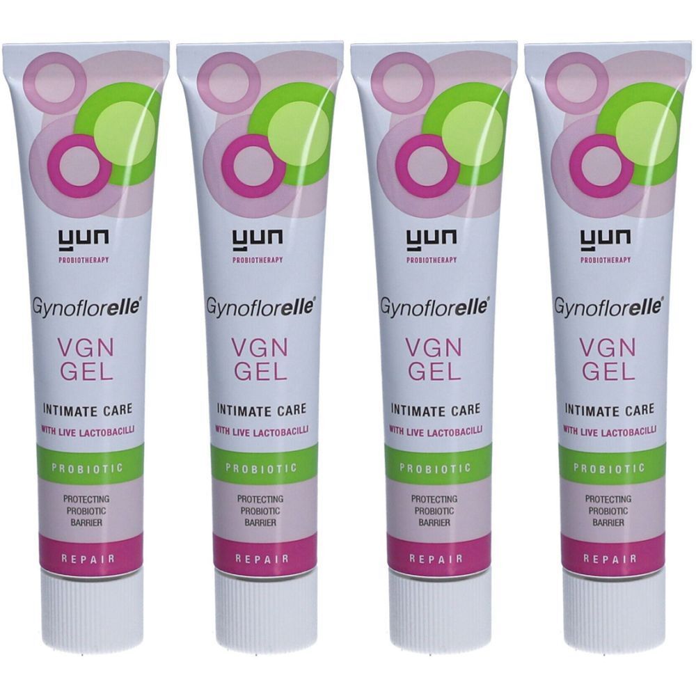 Vier Tuben Gynoflorelle VGN Gel. Weiße Tuben mit pinken und grünen Kreisen. Aufschrift: Intimate Care, Probiotic, Repair.