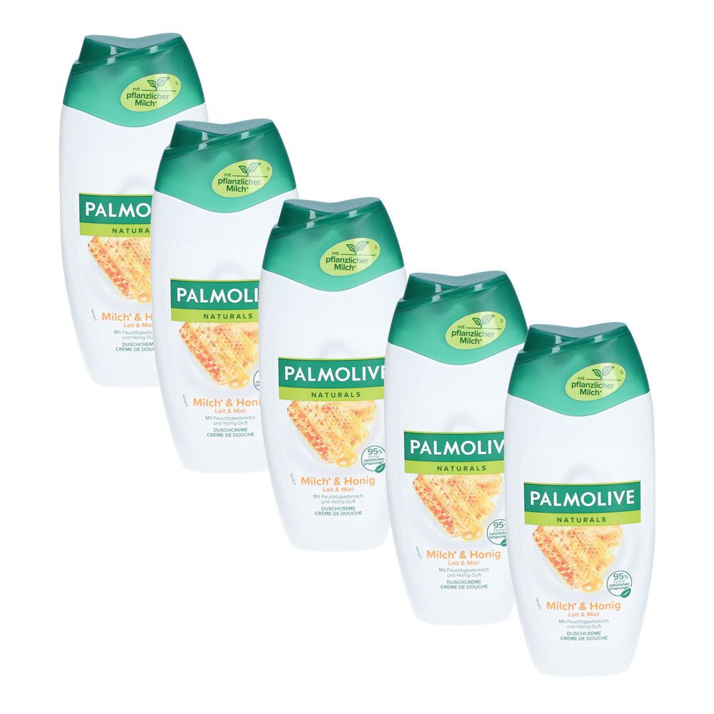 Fünf Flaschen Duschgel. Weißes Flaschendesign mit grünem Deckel. Aufschrift: PALMOLIVE Naturals Milch & Honig. Honigwaben-Illustration.