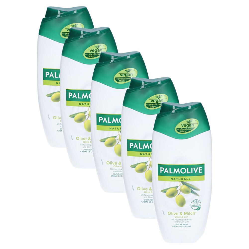 Mehrere Flaschen Duschcreme. Weiße Flaschen mit grünen Deckeln und Etiketten. Aufschrift: PALMOLIVE Naturals Olive & Milch.