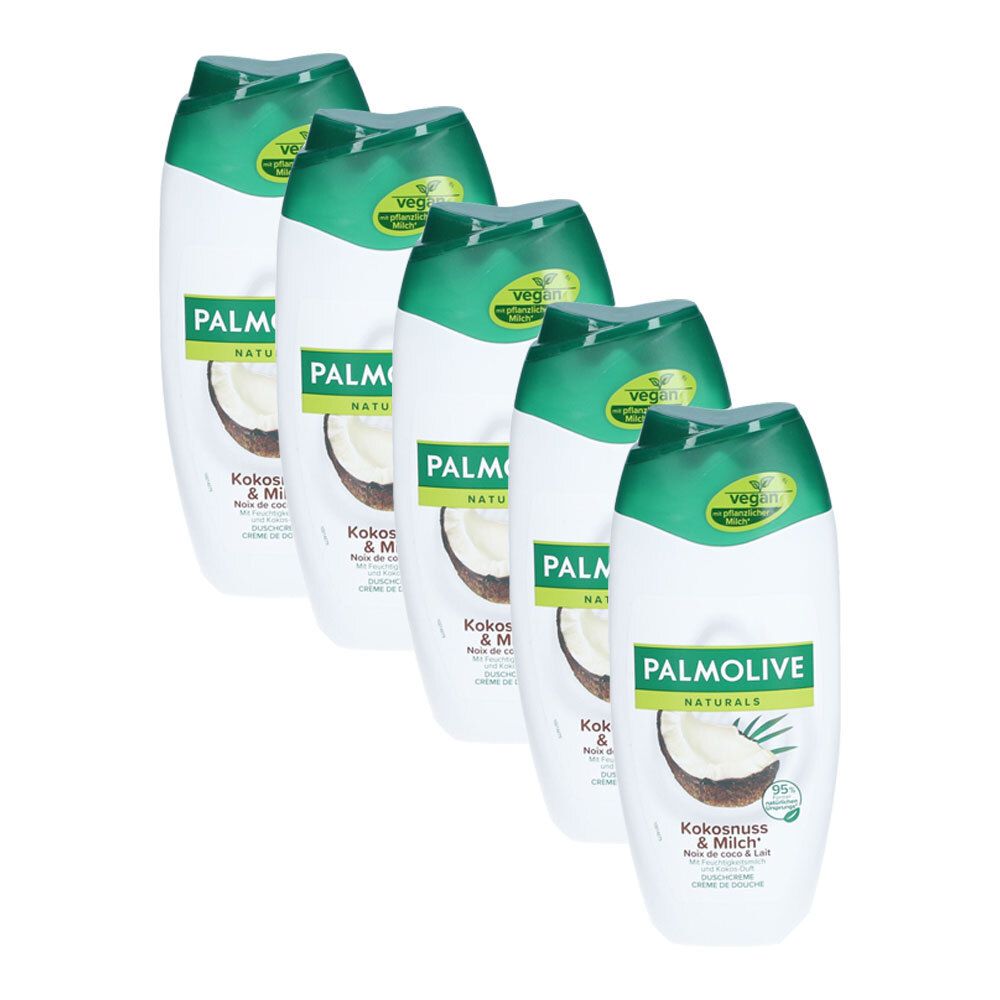 Sechs Flaschen Duschcreme, weiß mit grünen Deckeln. Aufschrift: PALMOLIVE Naturals Kokosnuss & Milch. Vegan-Siegel.