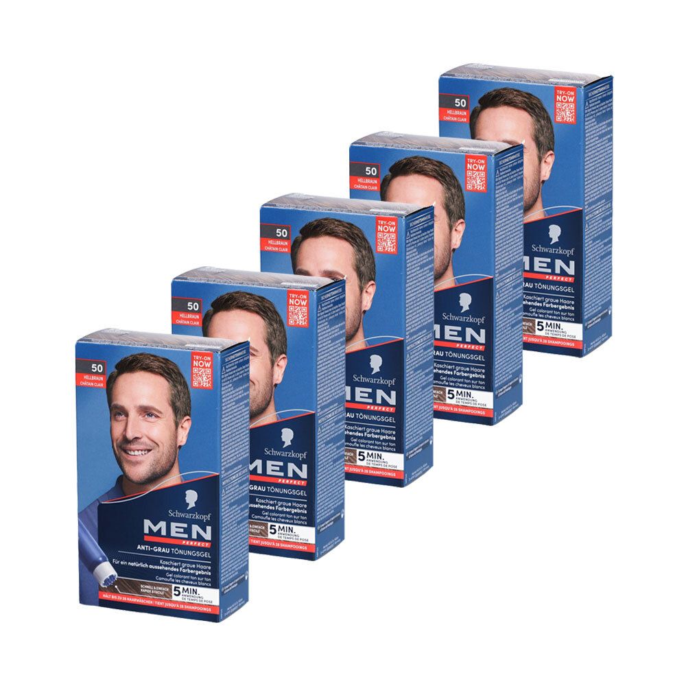 Mehrere Schachteln mit Haarfarbe. Auf jeder Schachtel ist ein Mann abgebildet. Der Markenname ist deutlich sichtbar.