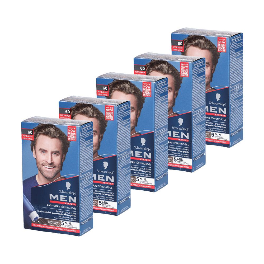 Meerdere dozen SCHWARZKOPF MEN. Blauwe verpakking met afbeelding van een man. Tekst: Anti-grijstint, 5 minuten.