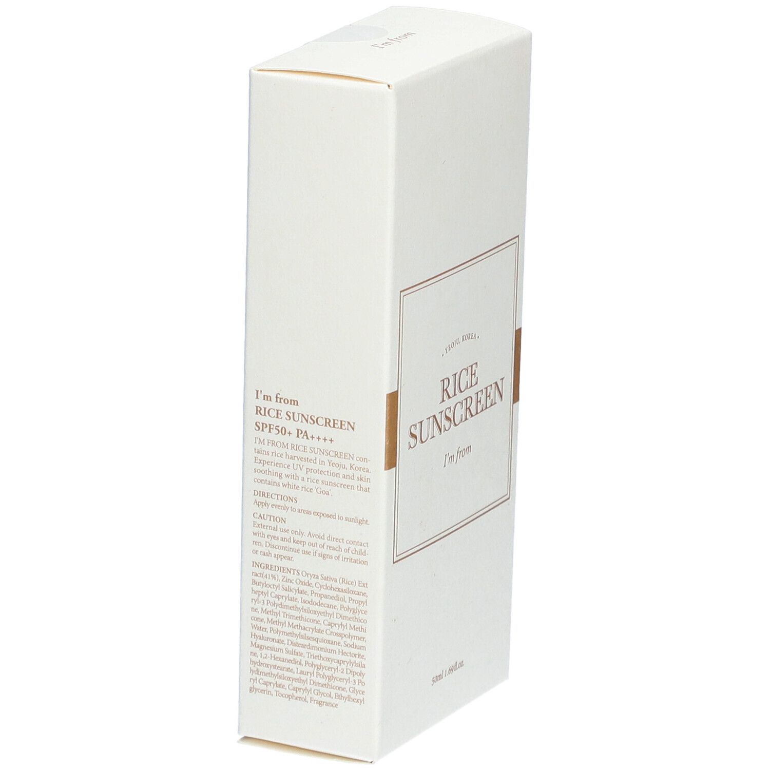 Weiße Verpackung. Aufschrift: Rice Sunscreen SPF50+ PA++++, I'm from. Text und Inhaltsstoffe.
