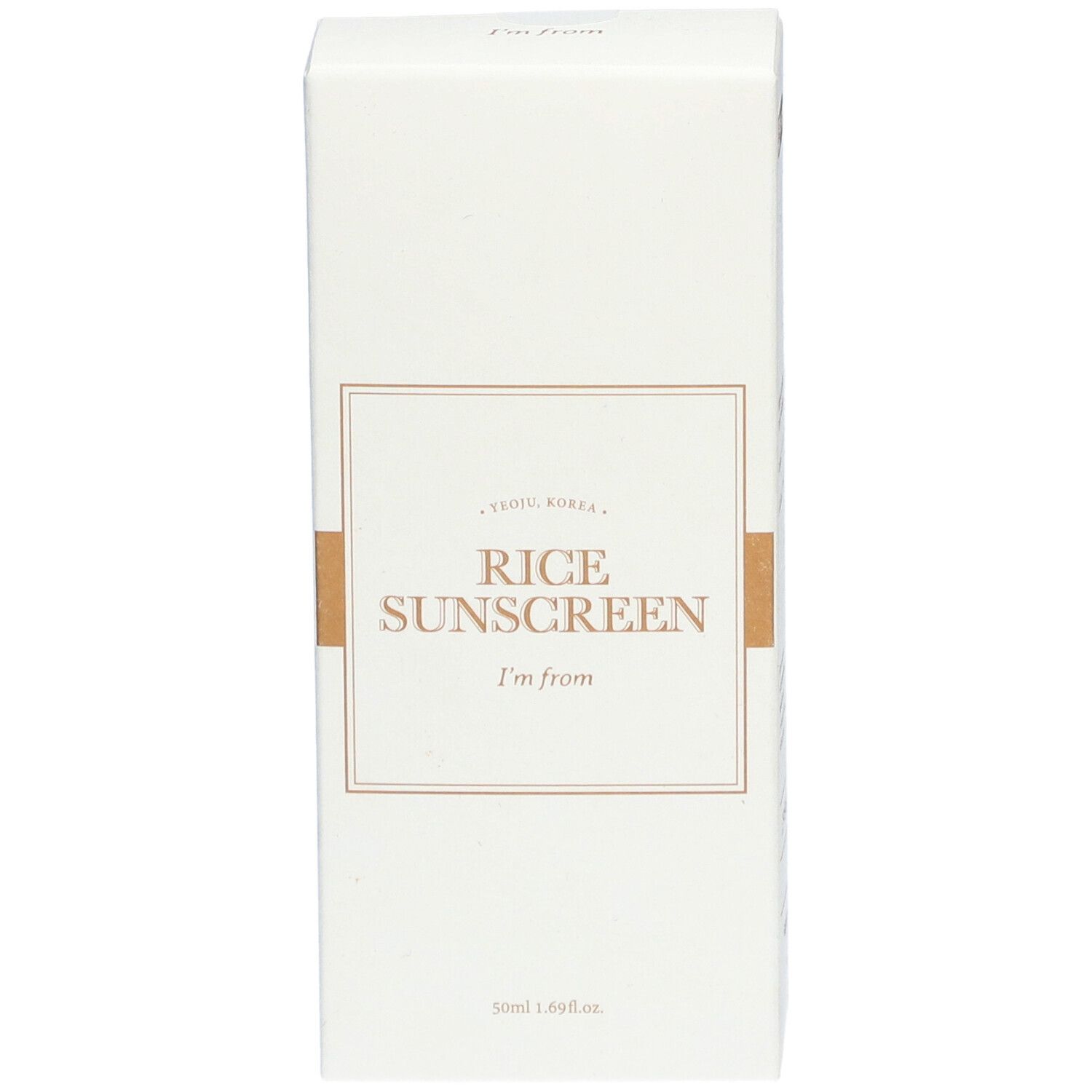 Weiße Verpackung. Aufschrift: Rice Sunscreen, I'm from. 50ml 1.69 fl.oz.