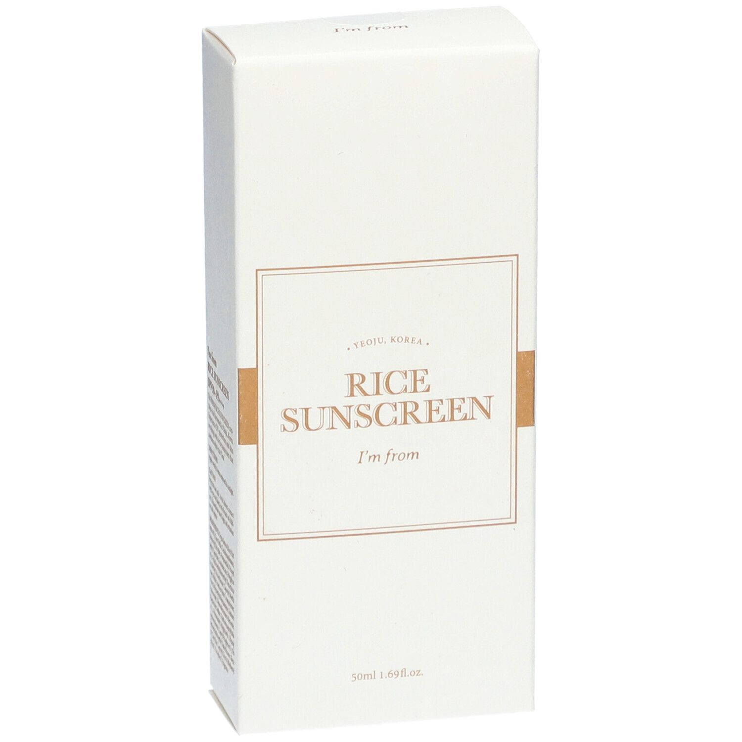 Weiße Verpackung. Aufschrift: Rice Sunscreen, I'm from. 50ml 1.69 fl.oz.