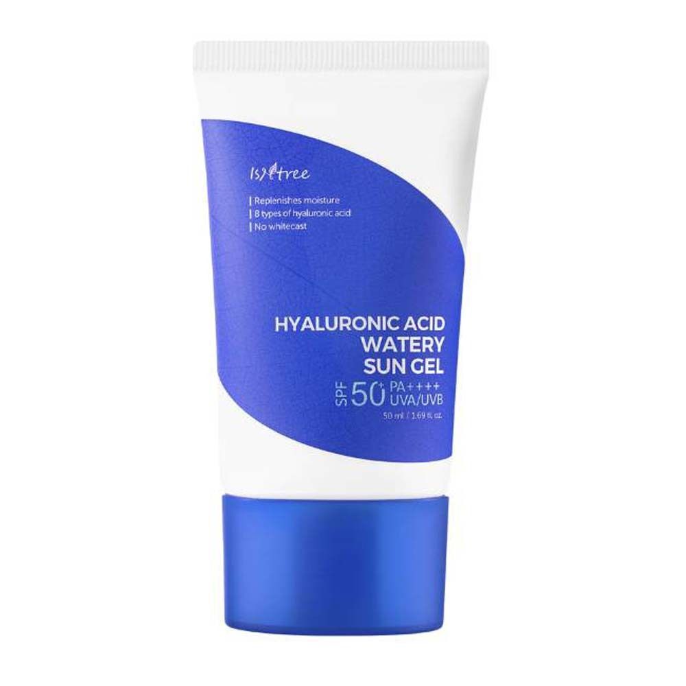 Weiße Tube mit blauem Streifen. Aufschrift: Hyaluronsäure Watery Sun Gel SPF50+ PA++++. Marke Isntree.