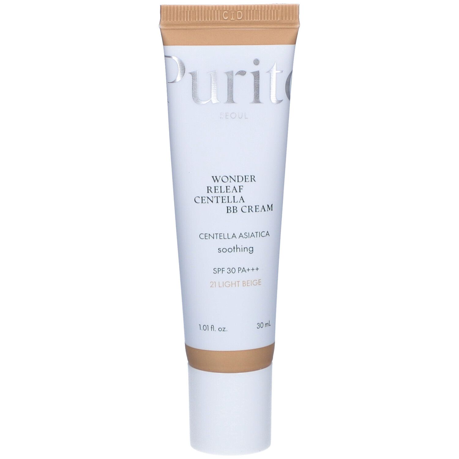 Creme-Tube mit Aufdrucken. Vegan-Logo. Text in koreanischer Sprache. Farbton: 21 Light Beige. Haltbarkeitsdatum.