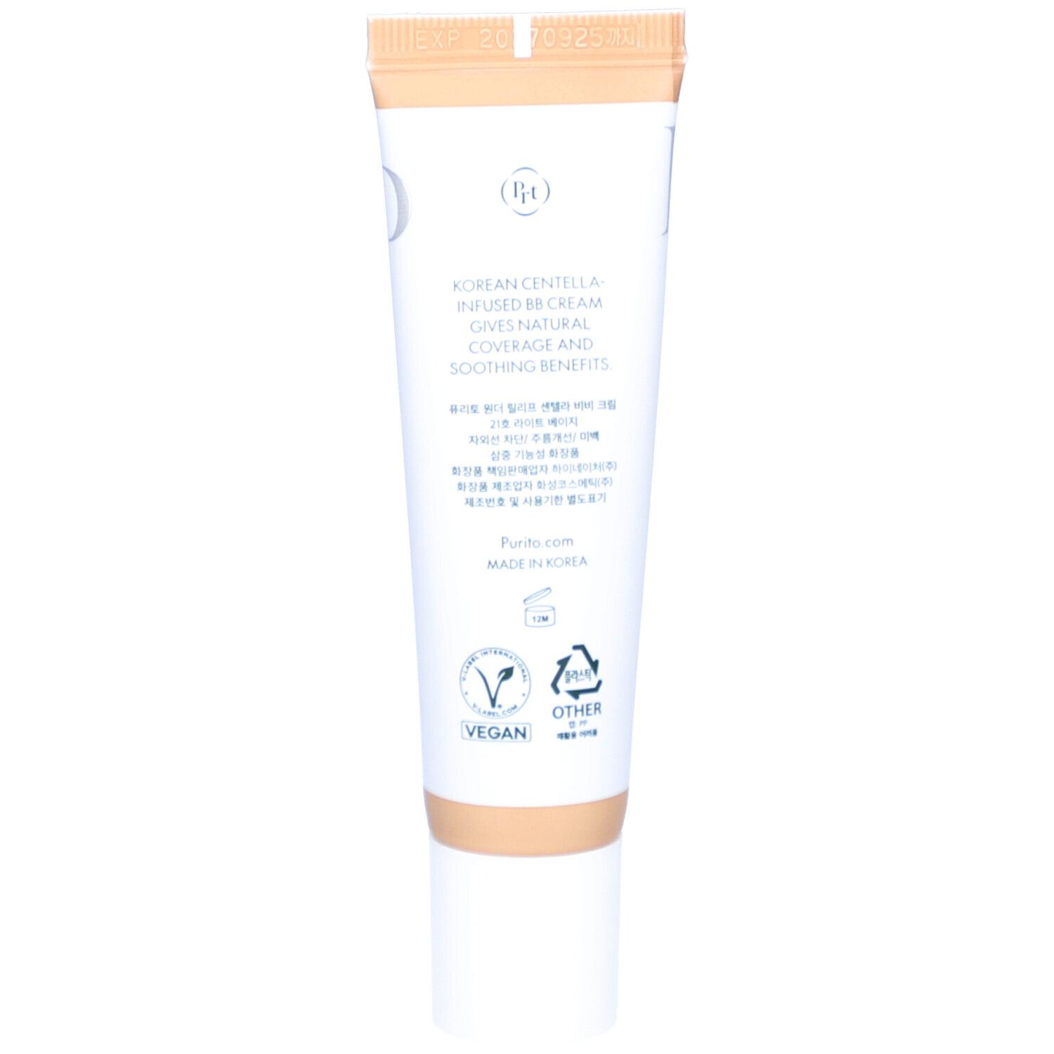 Creme-Tube mit Aufdrucken. Text: Cica Clearing BB Cream, #21 Light Beige. Vegan-Logo. 30 ml/1.0 fl.oz.