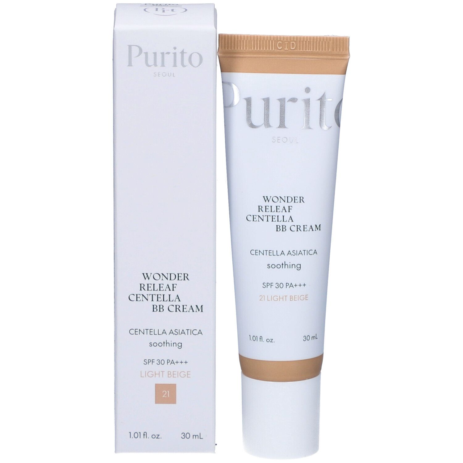 Produktverpackung mit Creme-Tube. Text: Cica Clearing BB Cream, #21 Light Beige. Vegan-Logo. 30 ml/1.0 fl.oz.