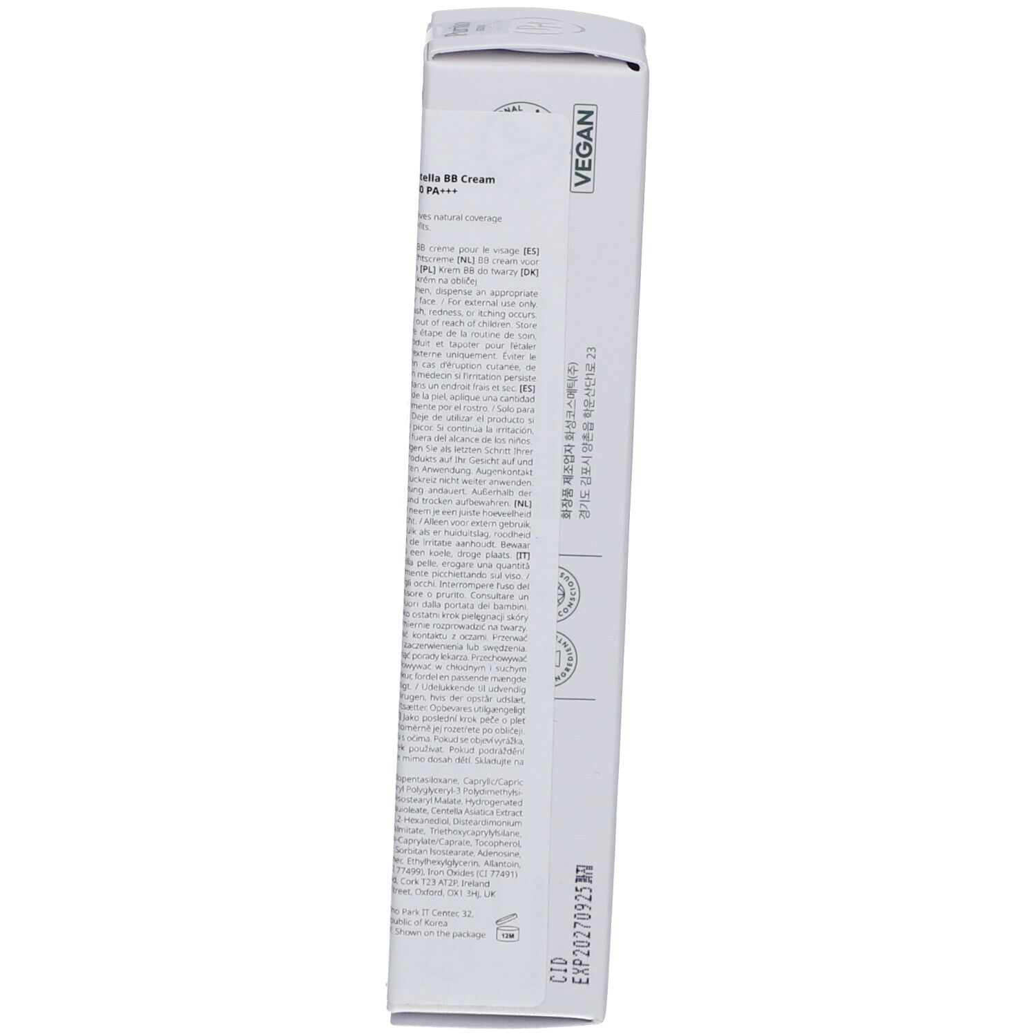 Produktverpackung, Rückseite. Text in koreanischer Sprache. Inhaltsstoffe, Warnhinweise, Anwendungshinweise.