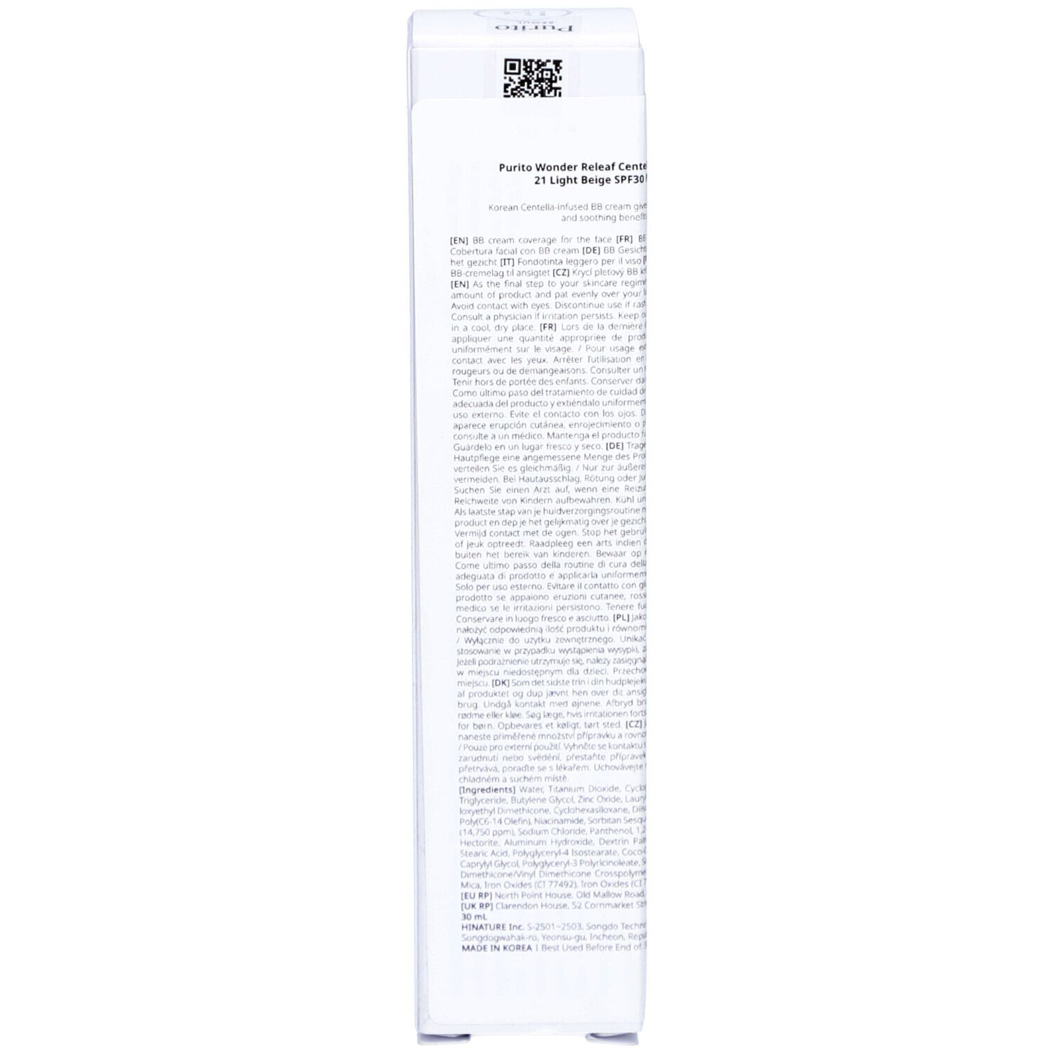 Produktverpackung, Rückseite. Text in koreanischer Sprache. Vegan-Logo. QR-Code. Haltbarkeitsdatum.