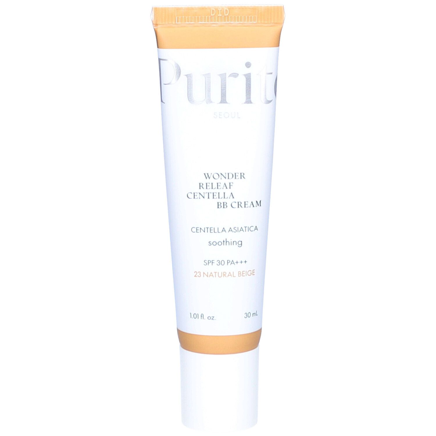 Cica Clearing BB Cream Tube. Beige-farben, weißer Schriftzug. Enthält Text: #23 Natural Beige, EO & Fragrance free.
