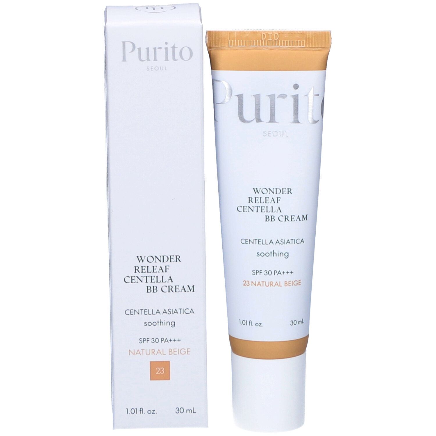 Cica Clearing BB Cream Tube und Schachtel. Beige und weiß. Text: #23 Natural Beige, EO & Fragrance free. Marke Purito sichtbar.