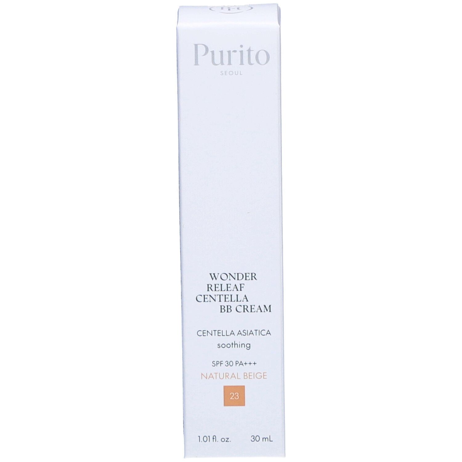 Cica Clearing BB Cream Schachtel. Beige. Text: #23 Natural Beige, EO & Fragrance free. Marke Purito. 30 ml / 1.0 fl oz.