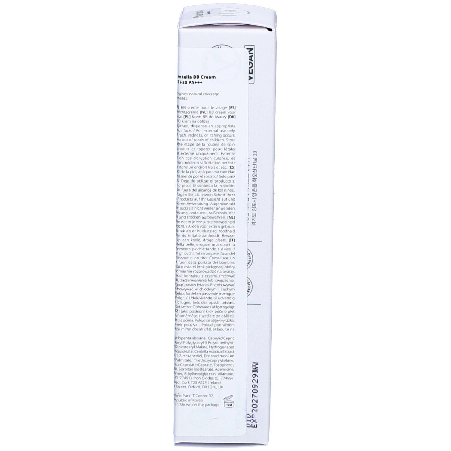 Cica Clearing BB Cream Schachtel. Rückseite. Koreanischer Text. Vegan-Logo. Inhaltsstoffe und Herstellerinformationen.