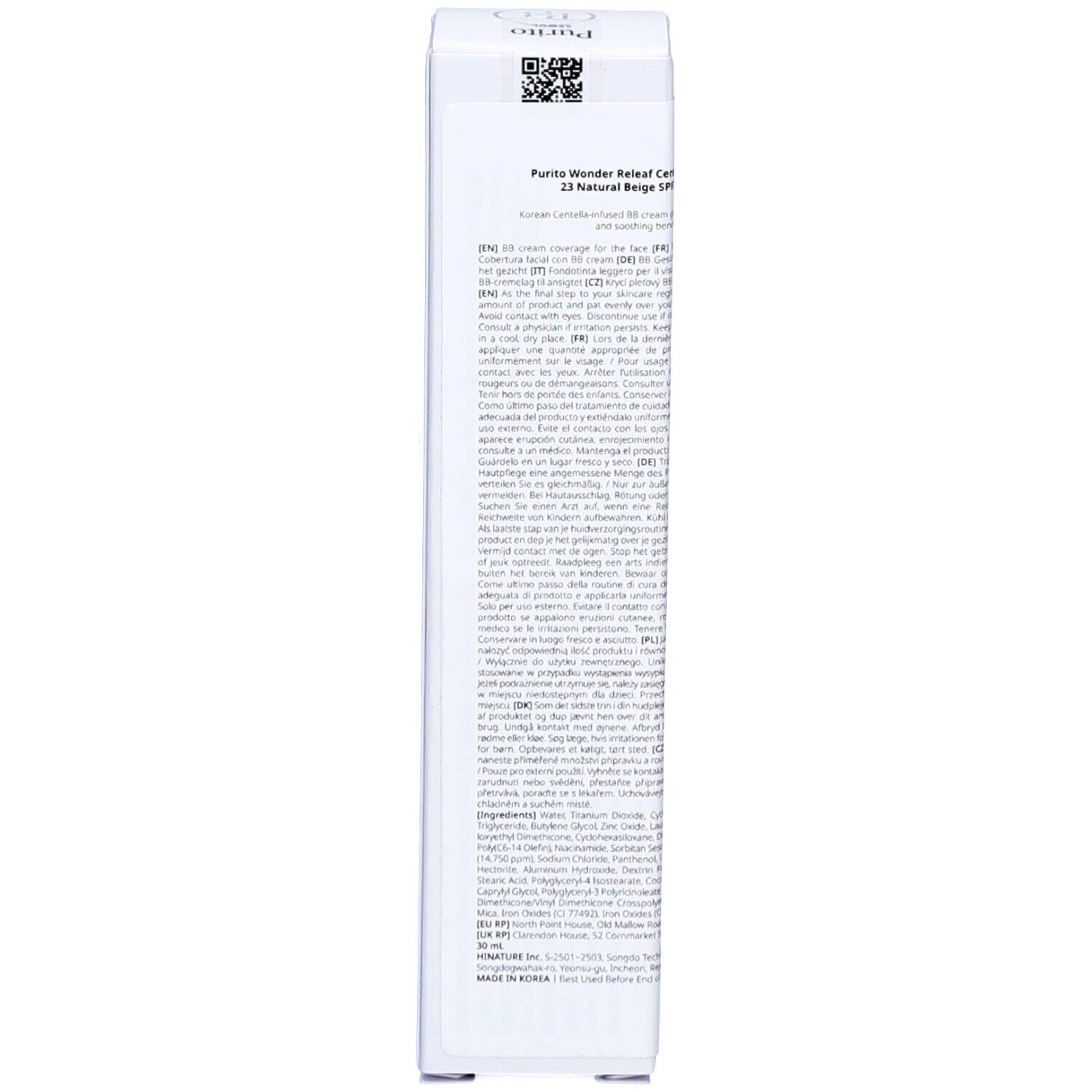 Cica Clearing BB Cream Schachtel. Rückseite. Koreanischer Text. Barcode. Website-Adresse: purito.co.kr. 30 ml / 1.0 fl oz.