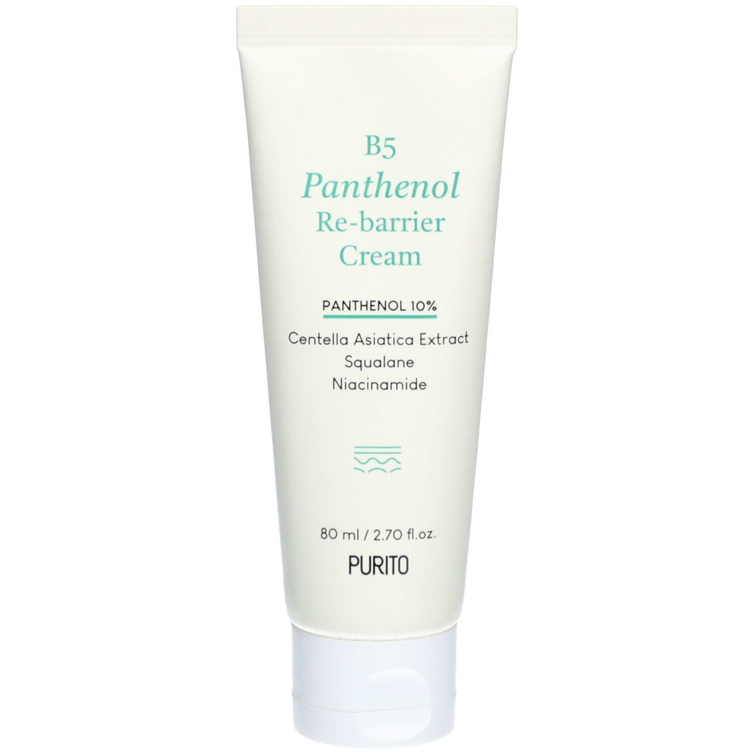 Creme-Tube mit Aufschrift B5 Panthenol Re-barrier Cream. Enthält Panthenol 10%. Marke PURITO.