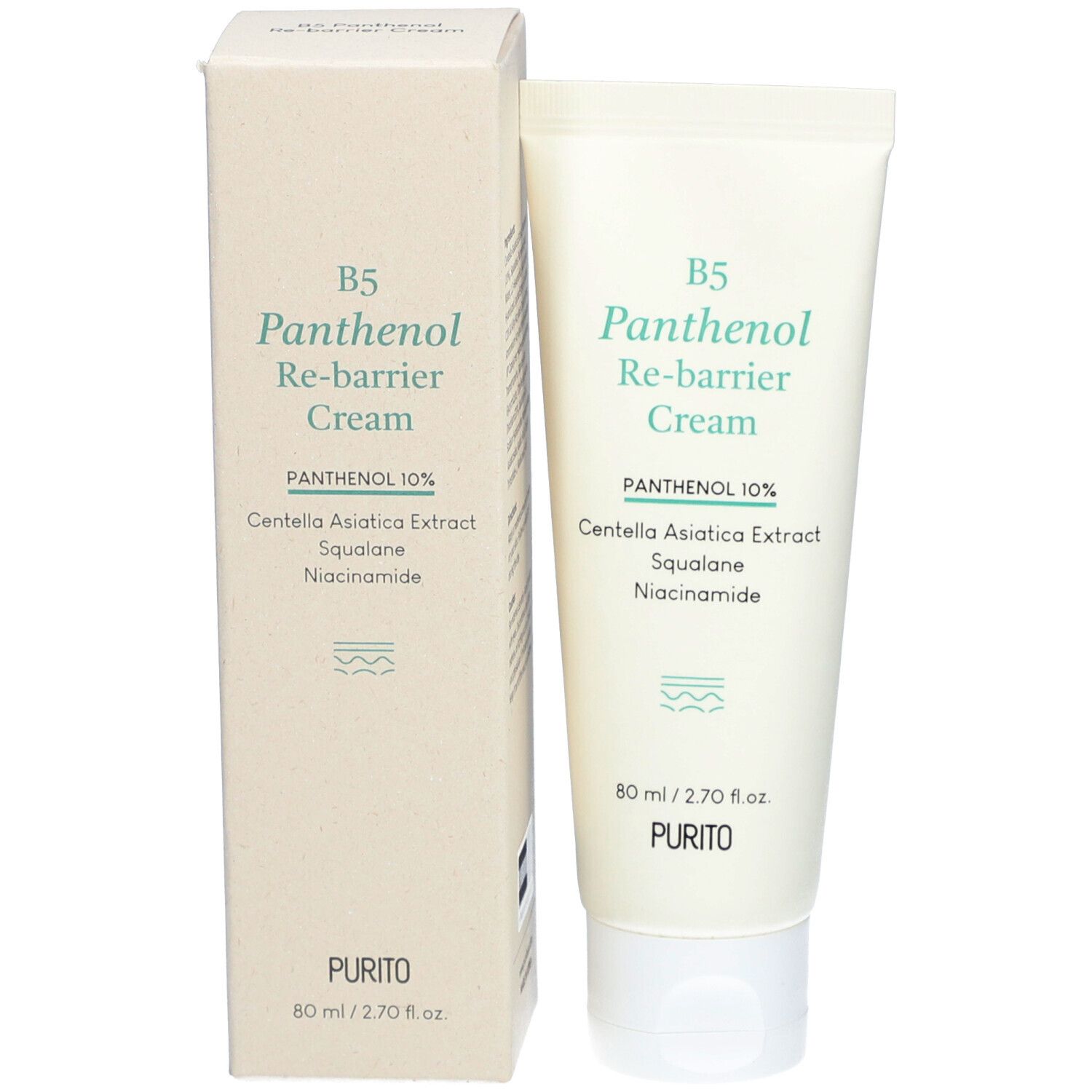 Produktverpackung mit Tube und Karton. Aufschrift B5 Panthenol Re-barrier Cream. Marke PURITO.