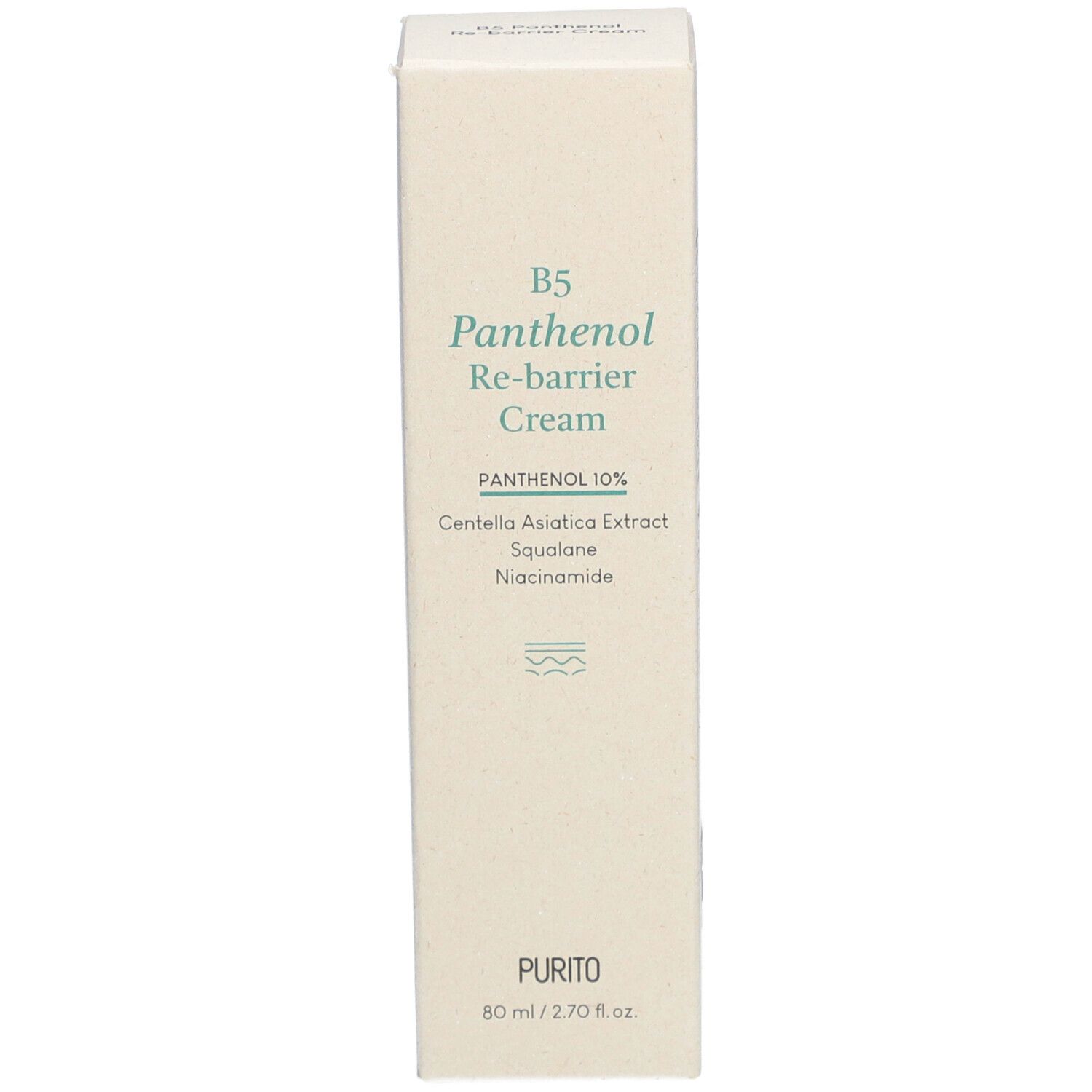 Kartonverpackung mit Aufschrift B5 Panthenol Re-barrier Cream. Marke PURITO. Enthält Panthenol 10%.