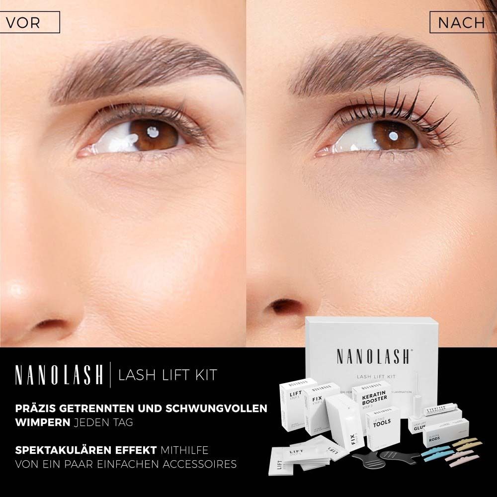 Vorher-Nachher-Vergleich. Augen mit Wimpern. NANOLASH® Lash Lift Kit. Text: Präzise getrennte und schwungvolle Wimpern.