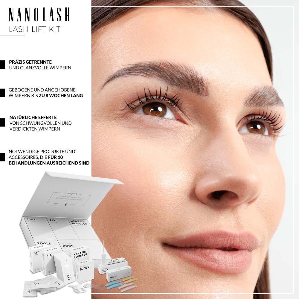 Nahaufnahme eines Gesichts. NANOLASH® Lash Lift Kit. Text: Natürliche Effekte von schwungvollen und verdickten Wimpern.