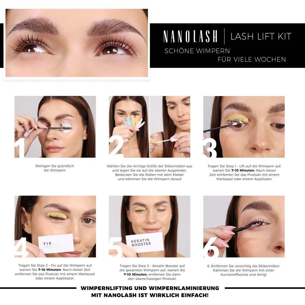 Schritte zur Anwendung. NANOLASH® Lash Lift Kit. Sechs Bilder zeigen die Anwendungsschritte.