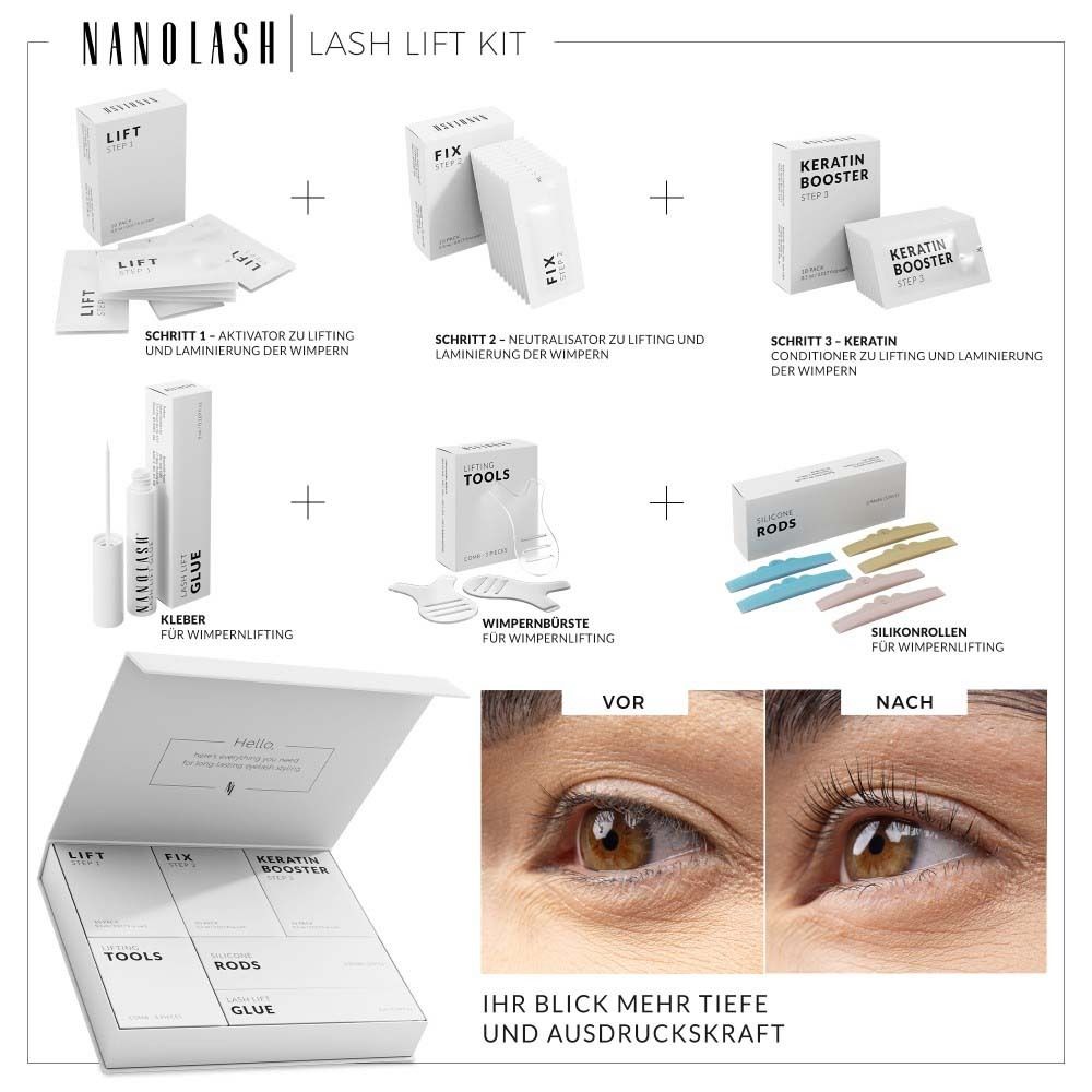 Inhaltsstoffe des Kits. NANOLASH® Lash Lift Kit. Boxen mit Produkten und Zubehör. Vorher-Nachher-Vergleich.