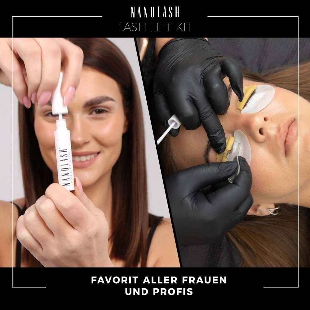 Frau und Profi bei der Anwendung. NANOLASH® Lash Lift Kit. Frau hält Produkt. Profi behandelt Augen.