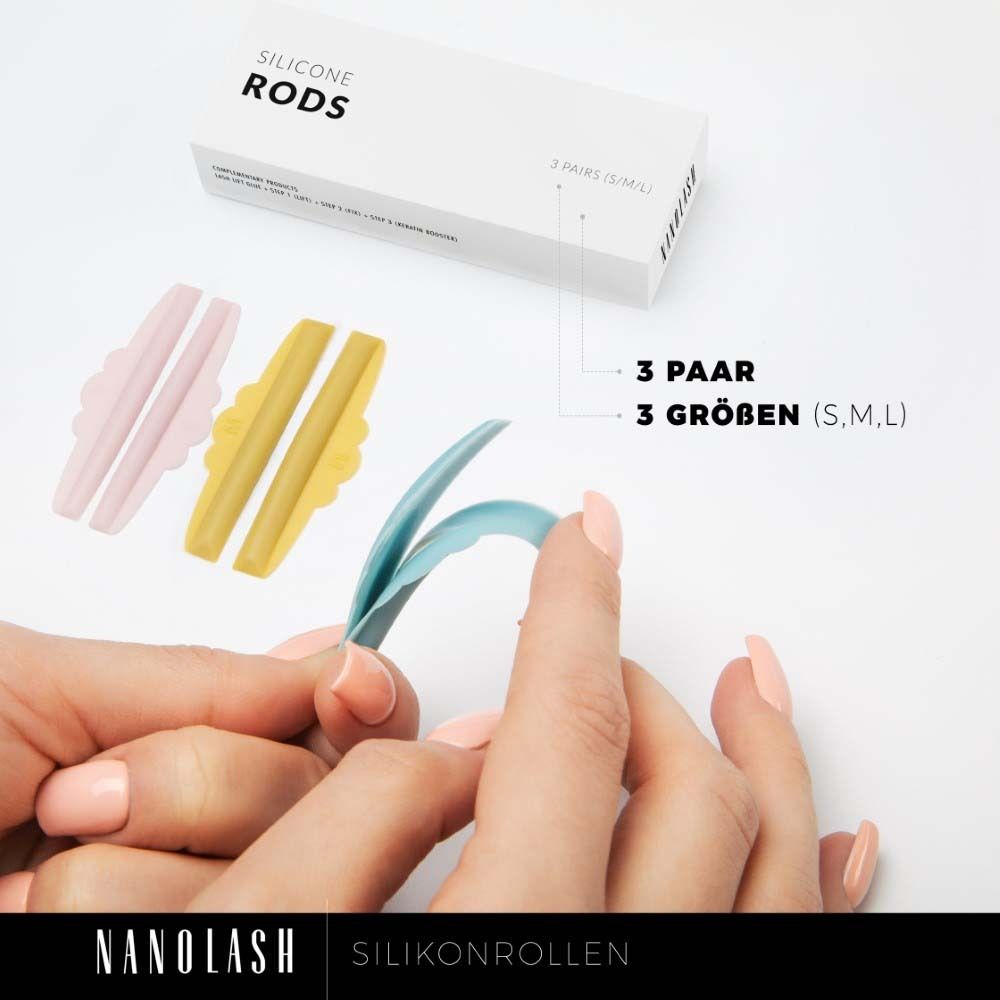 Silikonrollen in verschiedenen Farben und Größen. NANOLASH® Silikonrollen. Verpackung mit Produktnamen.