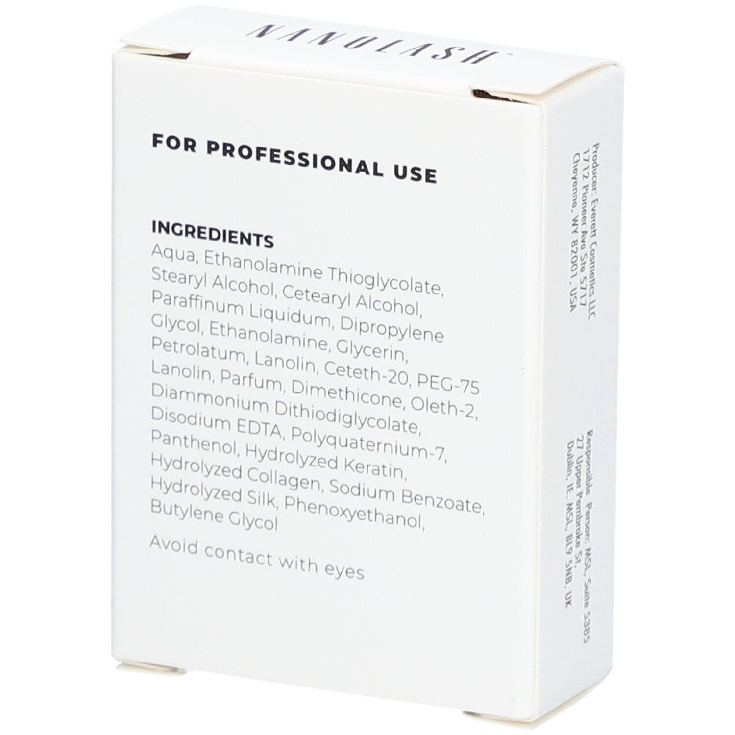 Weiße Schachtel mit Text: INHALTSSTOFFE. Für den professionellen Gebrauch. Kontaktinformationen. NANOLASH-Logo.