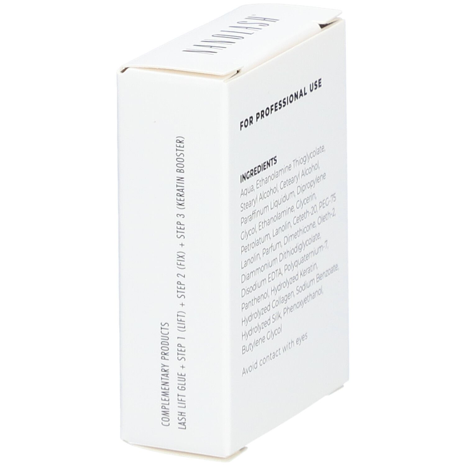 Weiße Schachtel mit Text: FÜR DEN PROFESSIONELLEN GEBRAUCH. Inhaltsstoffe. NANOLASH-Logo. Ergänzende Produkte.