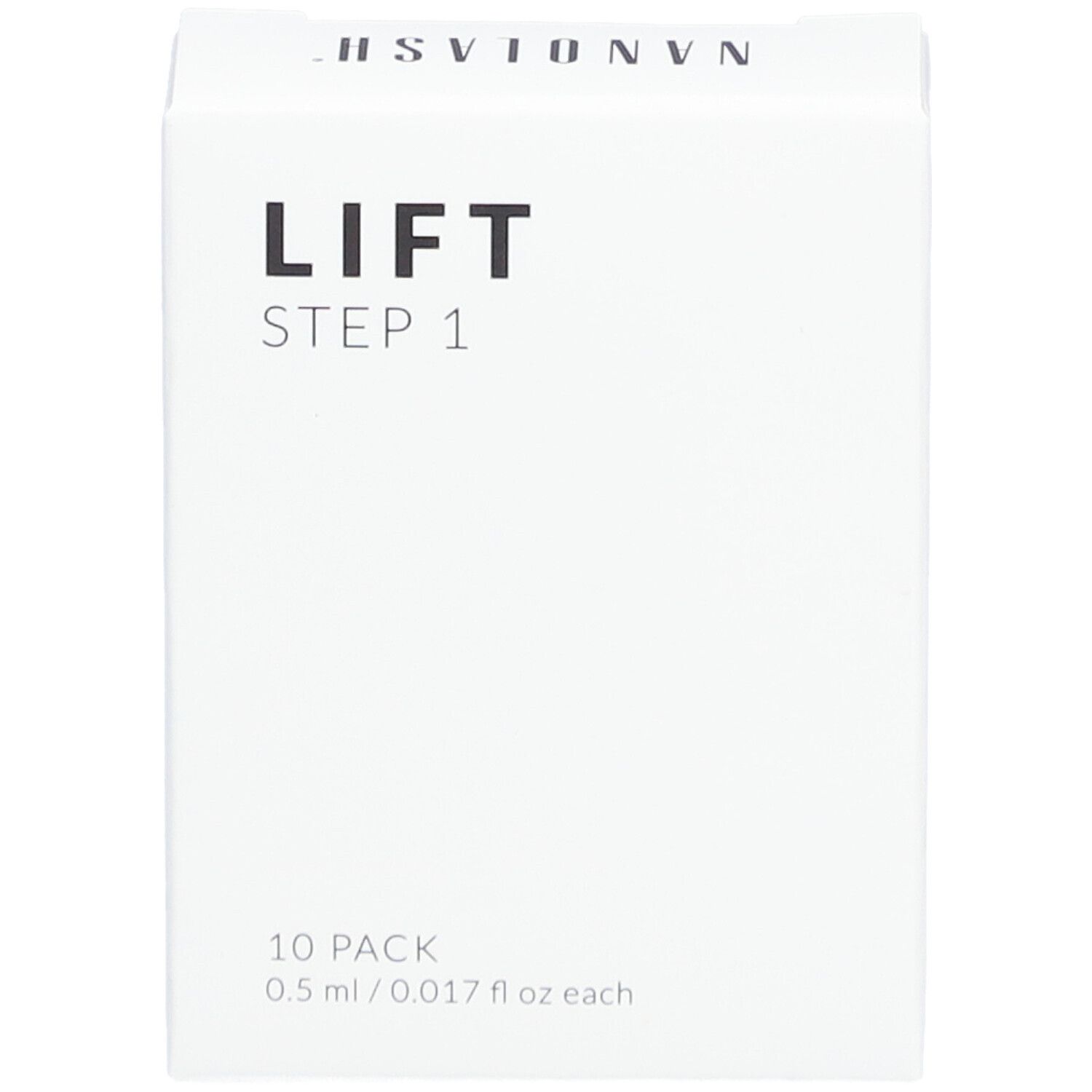 Weiße Schachtel mit schwarzem Text: LIFT STEP 1. 10er Pack. 0,5 ml/0,017 fl oz. NANOLASH-Logo.