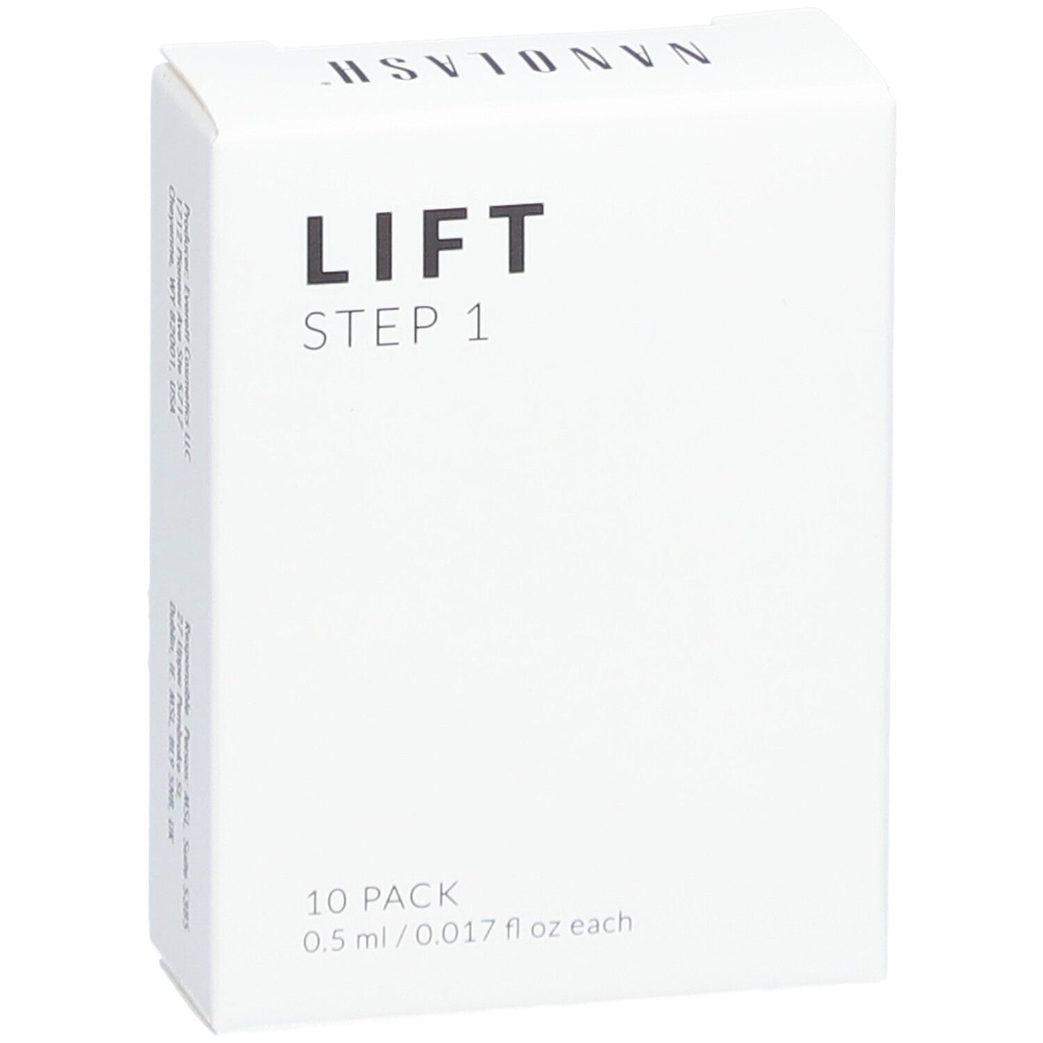 Weiße Schachtel mit schwarzem Text: LIFT STEP 1. 10er Pack. 0,5 ml/0,017 fl oz. NANOLASH-Logo.