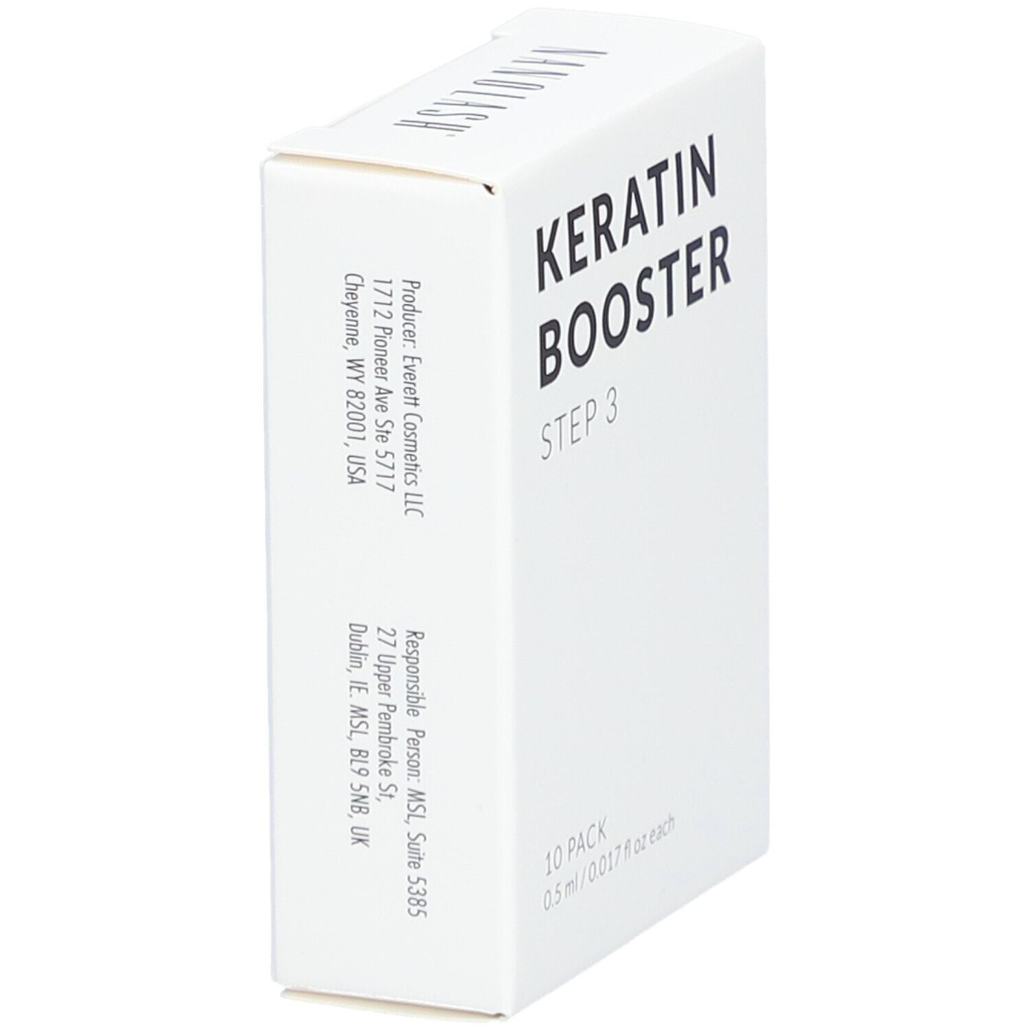 Boîte blanche avec "KERATIN BOOSTER STEP 3". Pack de 10. Adresses du fabricant et du responsable.