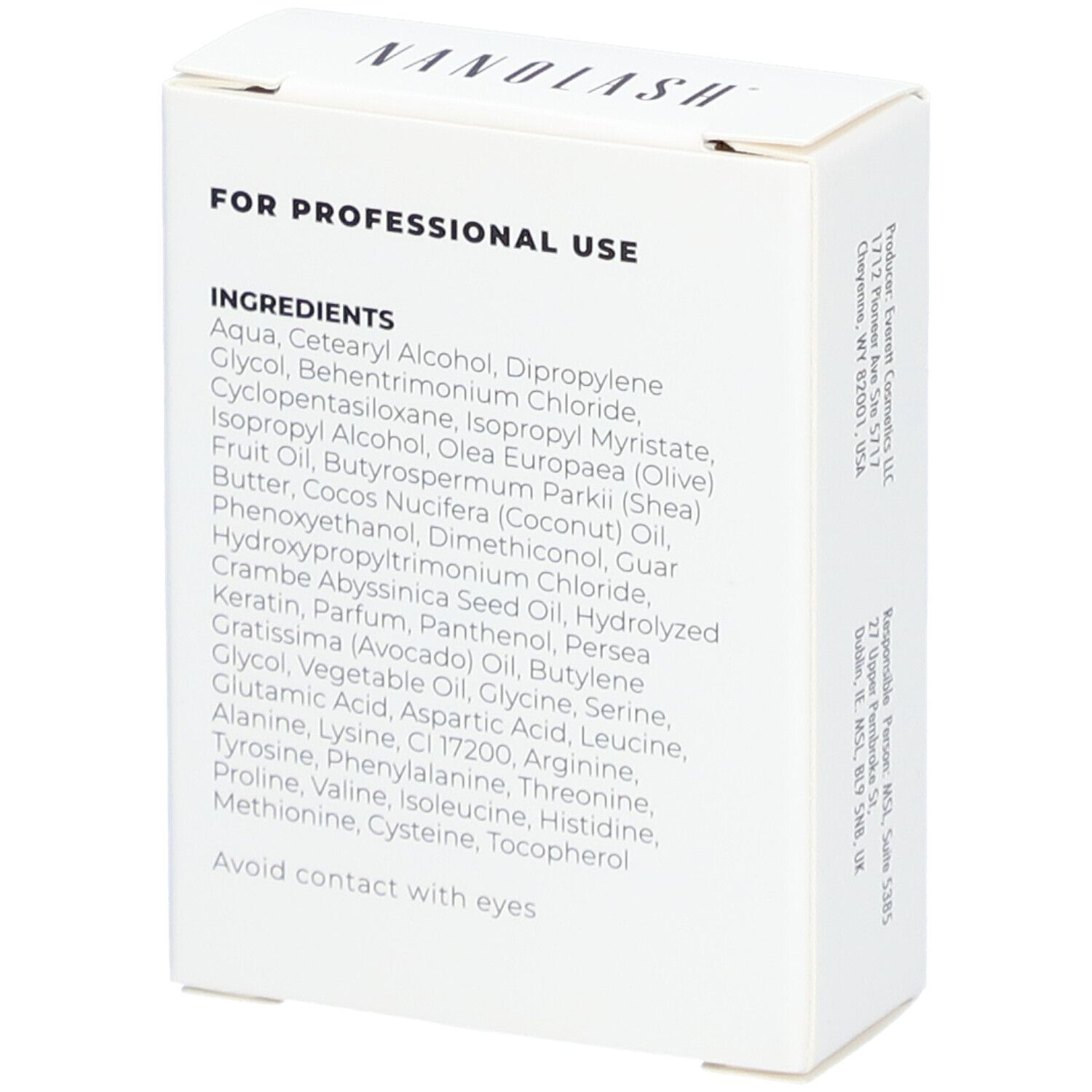 Boîte blanche avec ingrédients et avertissement. Texte : "FOR PROFESSIONAL USE".