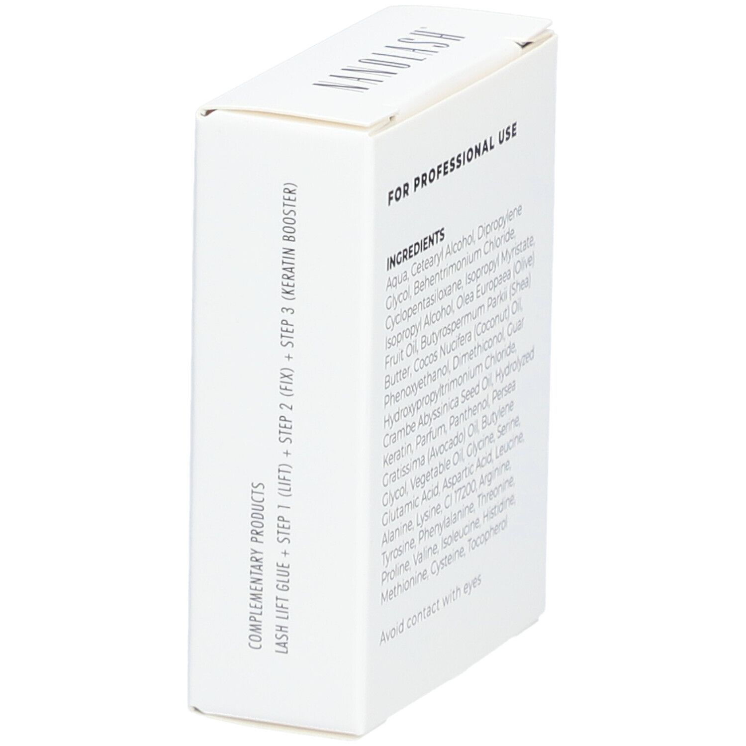 Boîte blanche avec ingrédients et avertissement. Texte : "FOR PROFESSIONAL USE".