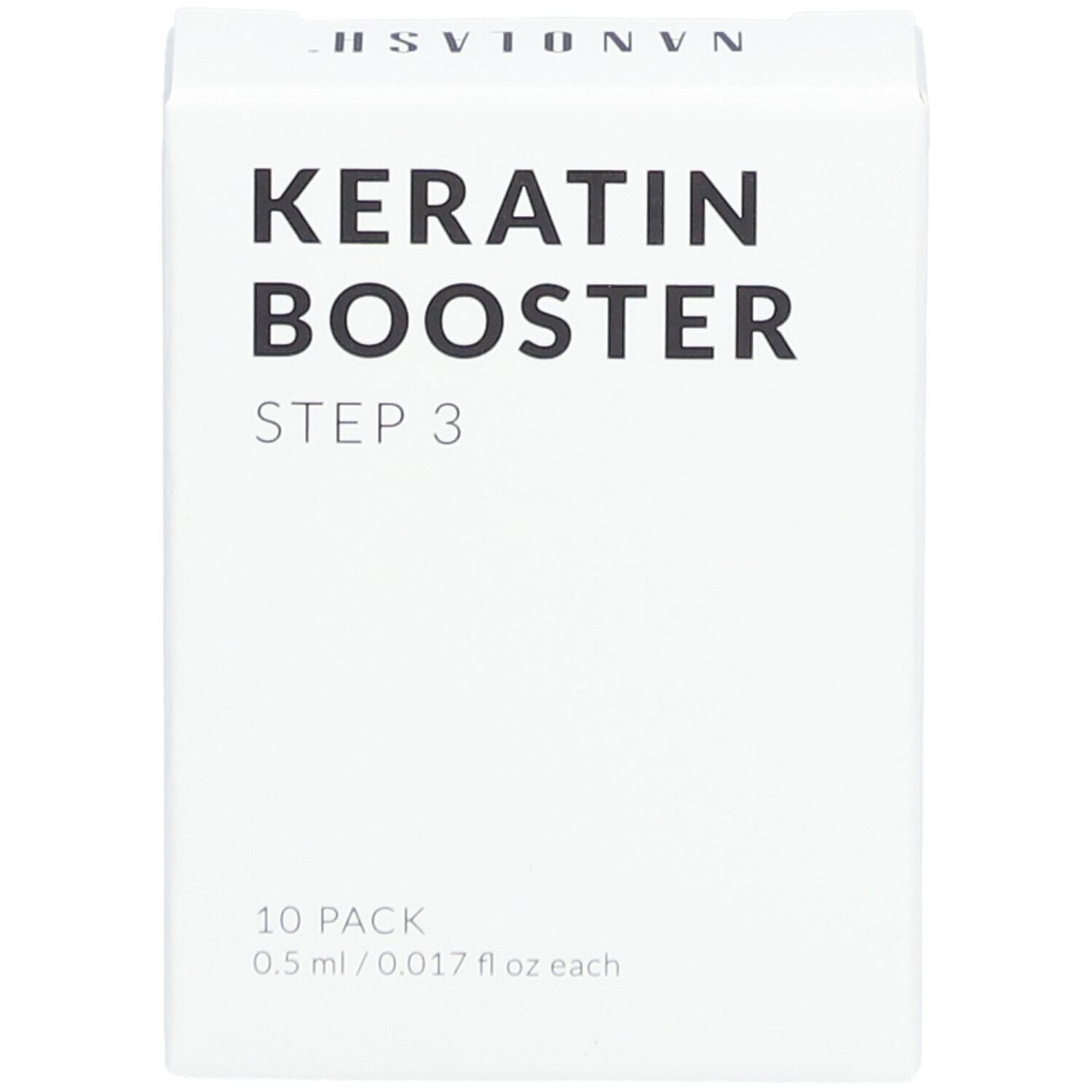 Boîte blanche avec "KERATIN BOOSTER STEP 3". Pack de 10. 0,5 ml/0,017 fl oz.