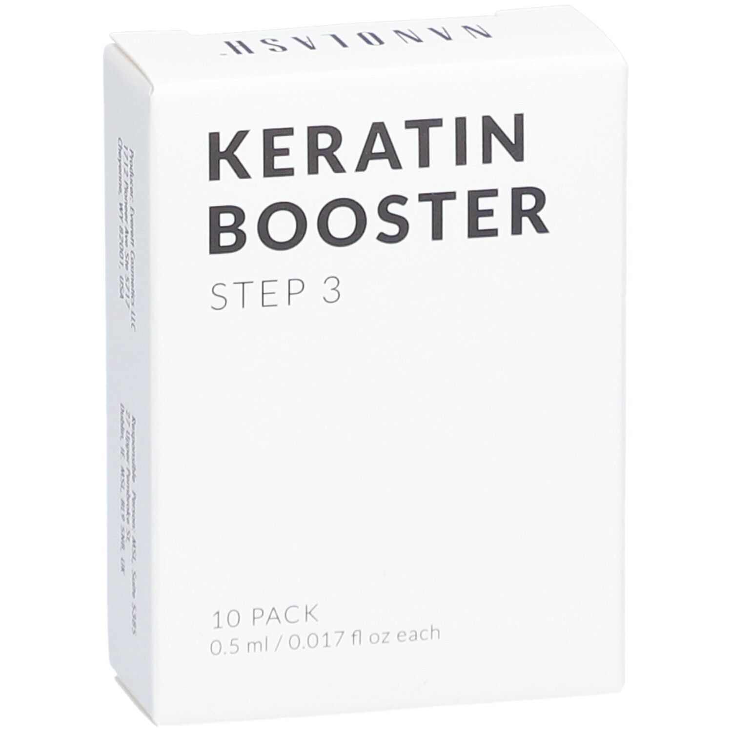 Boîte blanche avec "KERATIN BOOSTER STEP 3". Pack de 10. 0,5 ml/0,017 fl oz.
