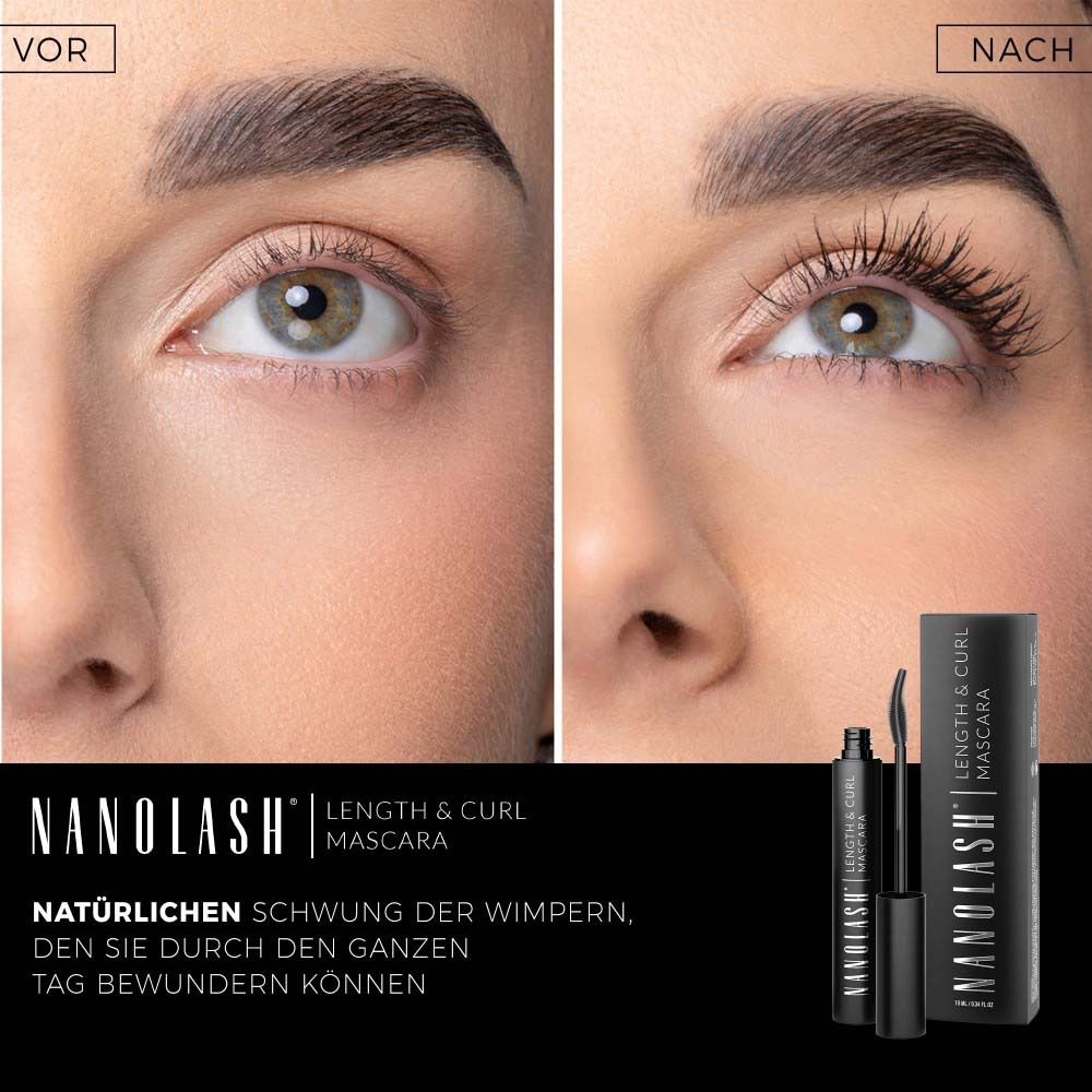 Vorher-Nachher-Vergleich. Augen mit und ohne Mascara. NANOLASH Length & Curl Mascara. Text.