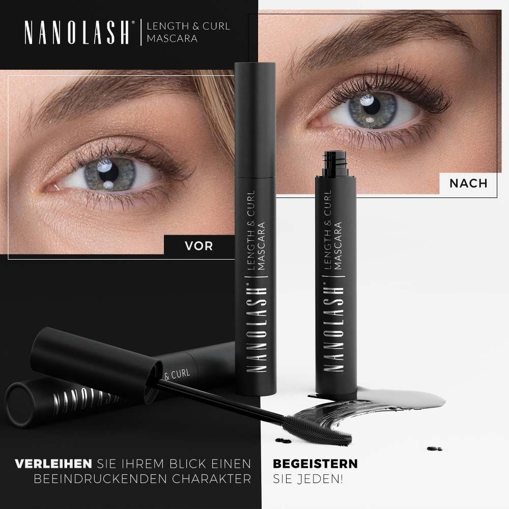 Vorher-Nachher-Vergleich. Augen mit und ohne Mascara. NANOLASH Length & Curl Mascara. Text.