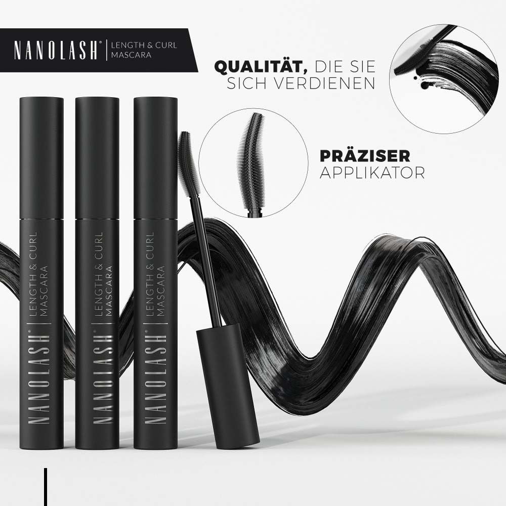 Mehrere Mascara-Tuben und Bürste. Aufschrift: NANOLASH Length & Curl Mascara. Text.