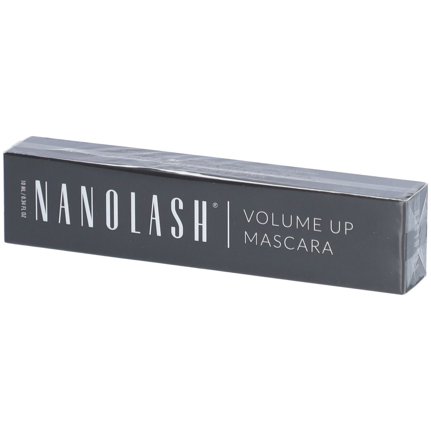 Schwarze Verpackung mit NANOLASH-Logo und VOLUME UP MASCARA-Schriftzug. Produktverpackung.