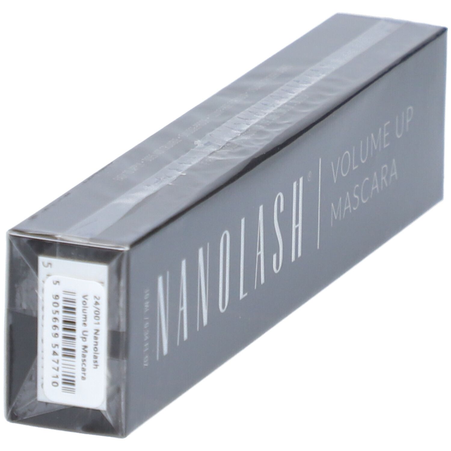 Schwarze Verpackung mit NANOLASH-Logo und VOLUME UP MASCARA-Schriftzug. Etikett mit Barcode.