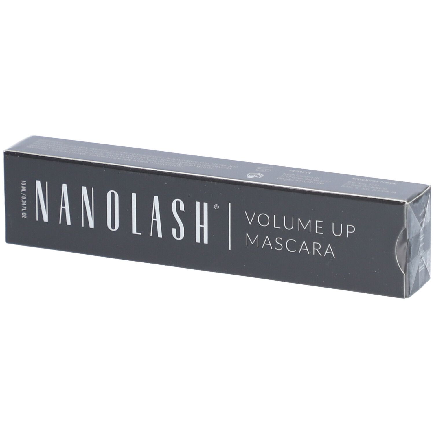Schwarze Verpackung mit NANOLASH-Logo und VOLUME UP MASCARA-Schriftzug. Produktverpackung.
