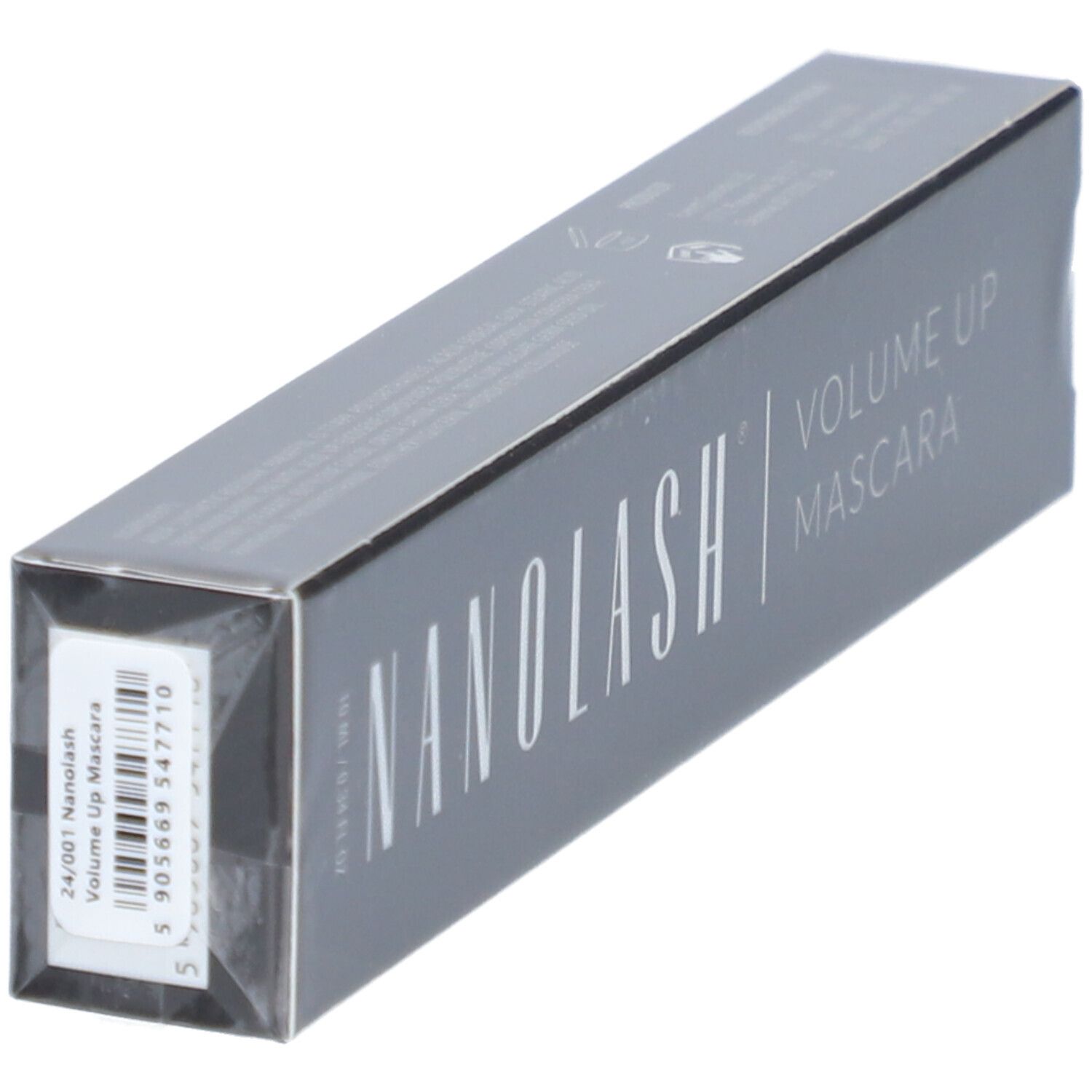 Schwarze Verpackung mit NANOLASH-Logo und VOLUME UP MASCARA-Schriftzug. Etikett mit Barcode.