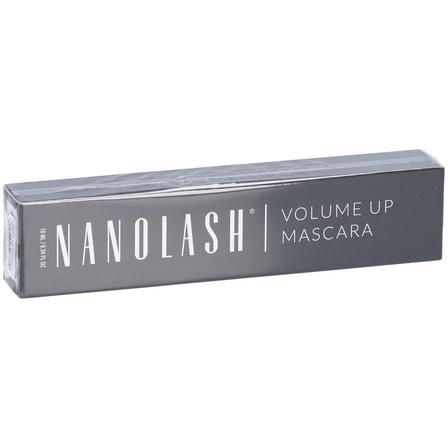 Schwarze Verpackung mit NANOLASH-Logo und VOLUME UP MASCARA-Schriftzug. Produktverpackung.