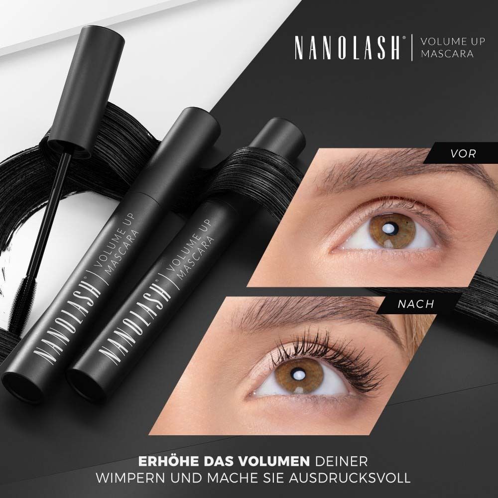 Drei schwarze Mascara-Tuben. Auf einer steht Nanolash Volume Up Mascara. Augen mit und ohne Mascara.