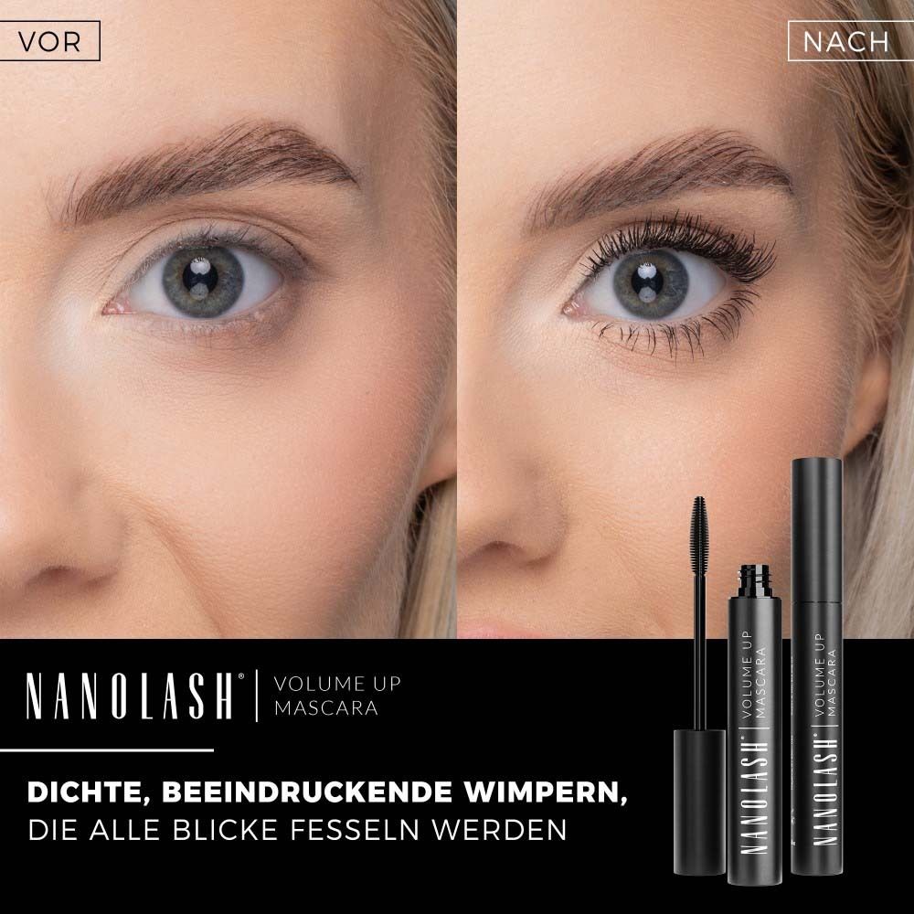 Vergleich von Augen mit und ohne Mascara. Zwei Mascara-Tuben. Auf einer steht Nanolash Volume Up Mascara.