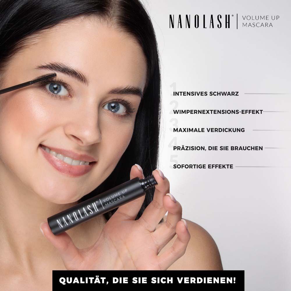 Frau mit Mascara. Auf der Tube steht Nanolash Volume Up Mascara. Text: Intensives Schwarz, Wimpernverlängerungseffekt.